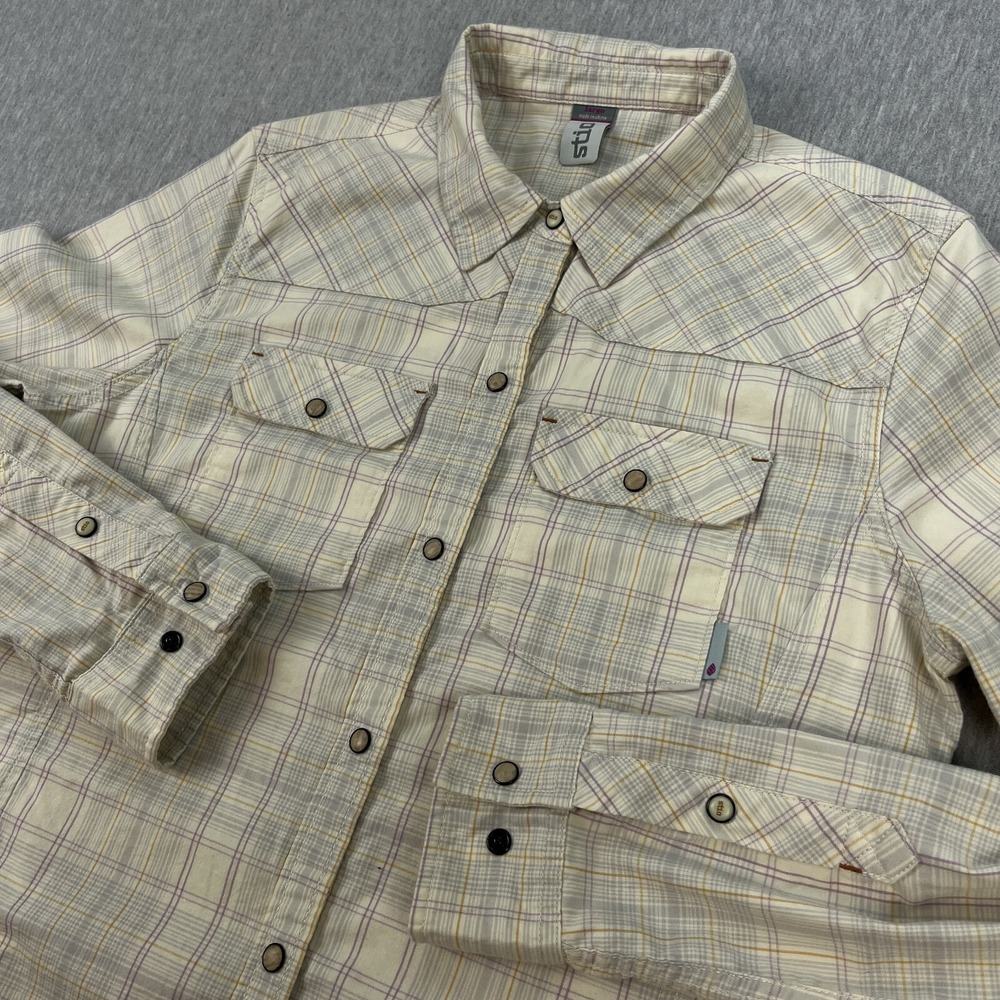 Stio Snap-Front Western Shirt Womens L Cream Ivory Plaid YETI Company Branded